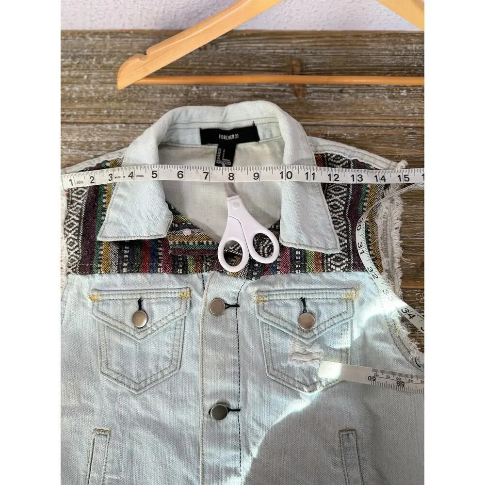 Forever 21 Denim Vest Women Aztec Size S Distressed‎ Frayed Hem Boho Festival